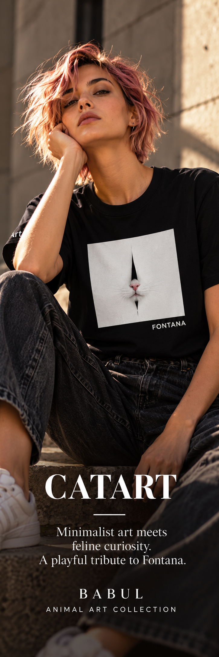 CATART Fontana black T-shirt worn by a female model in golden-hour light